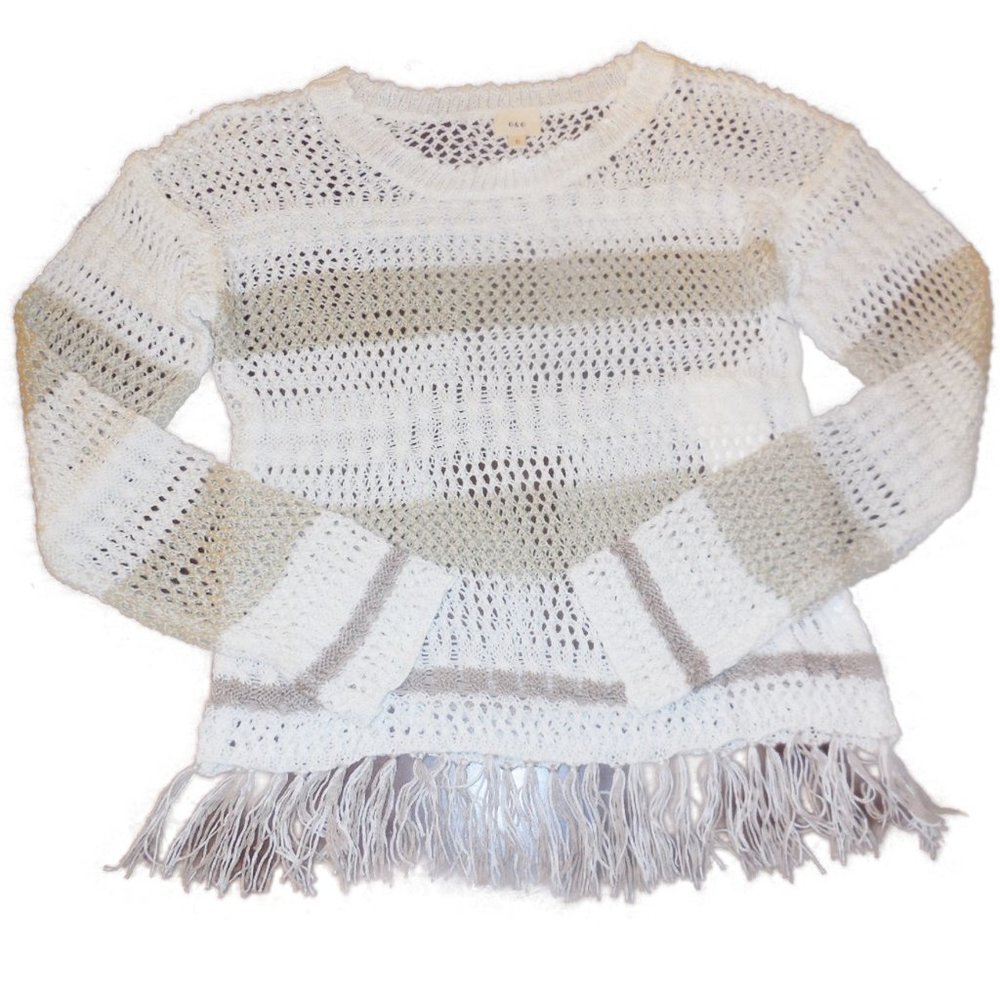 Pullover Sweater NEW Fringed See-through Knit Top Long Sleeve cream-beige summer